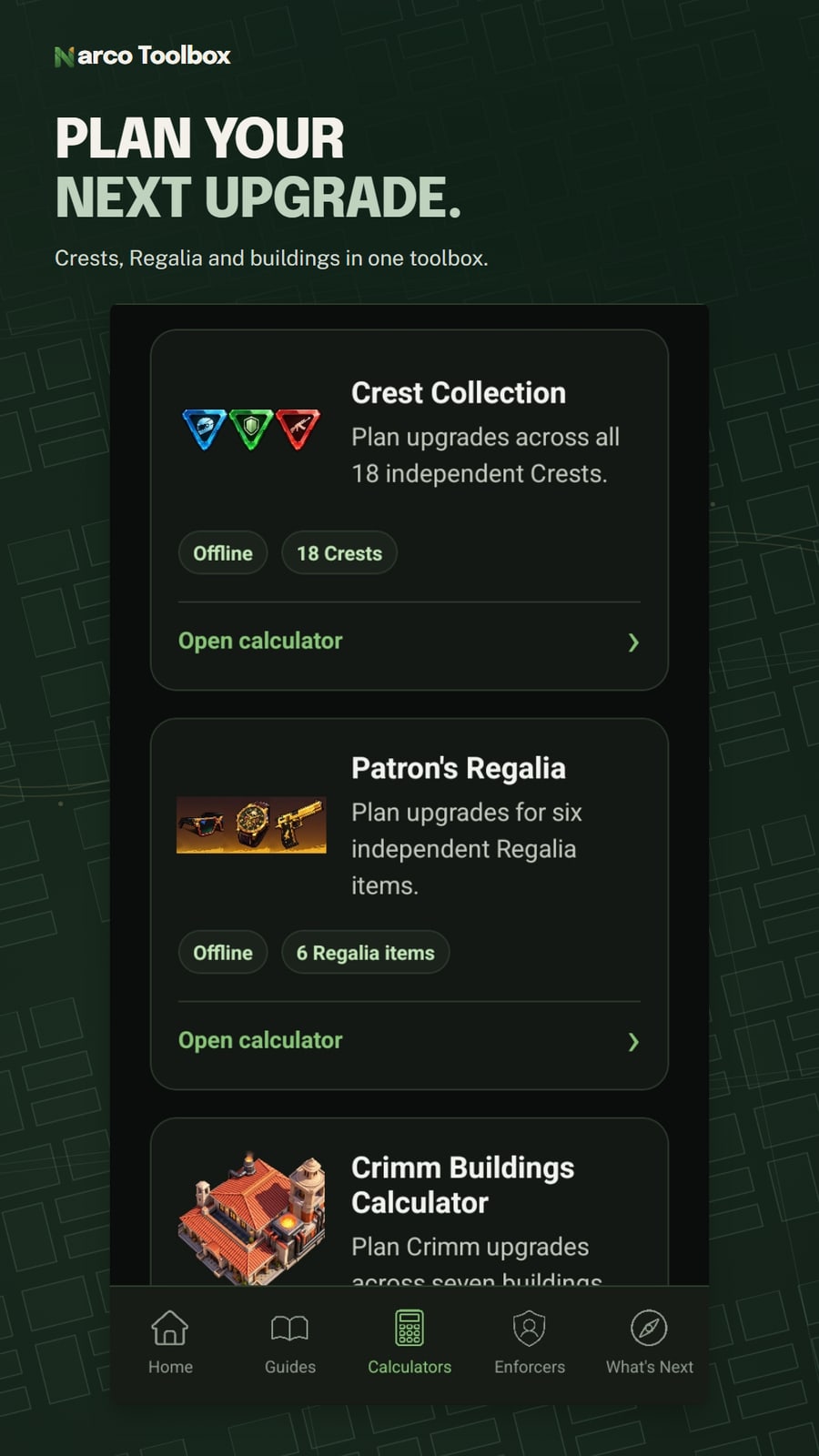 Calculator library with Crest Collection, Patron's Regalia and Crimm Buildings.