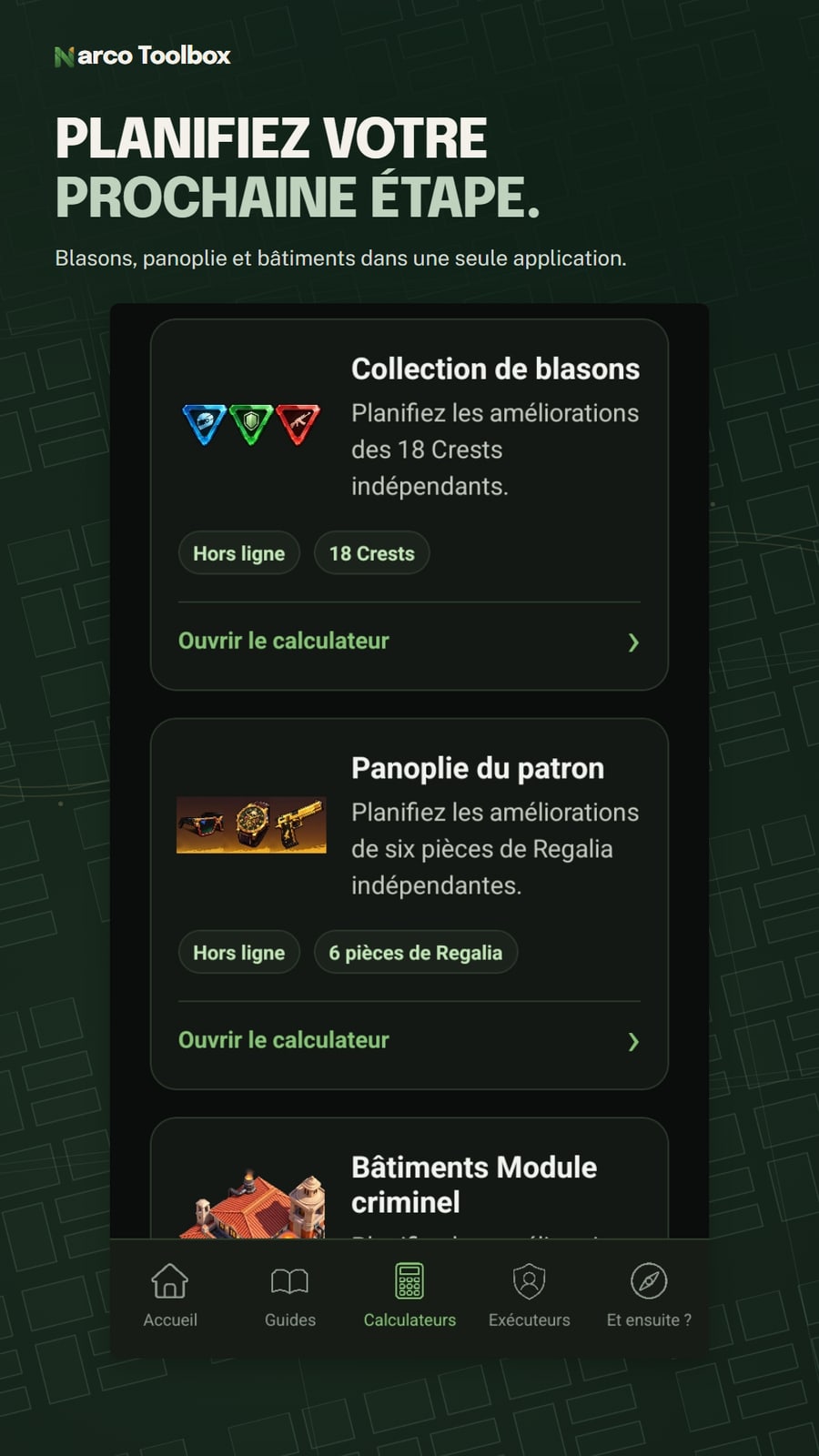 Bibliothèque des calculateurs en français pour les blasons, la panoplie et les bâtiments.