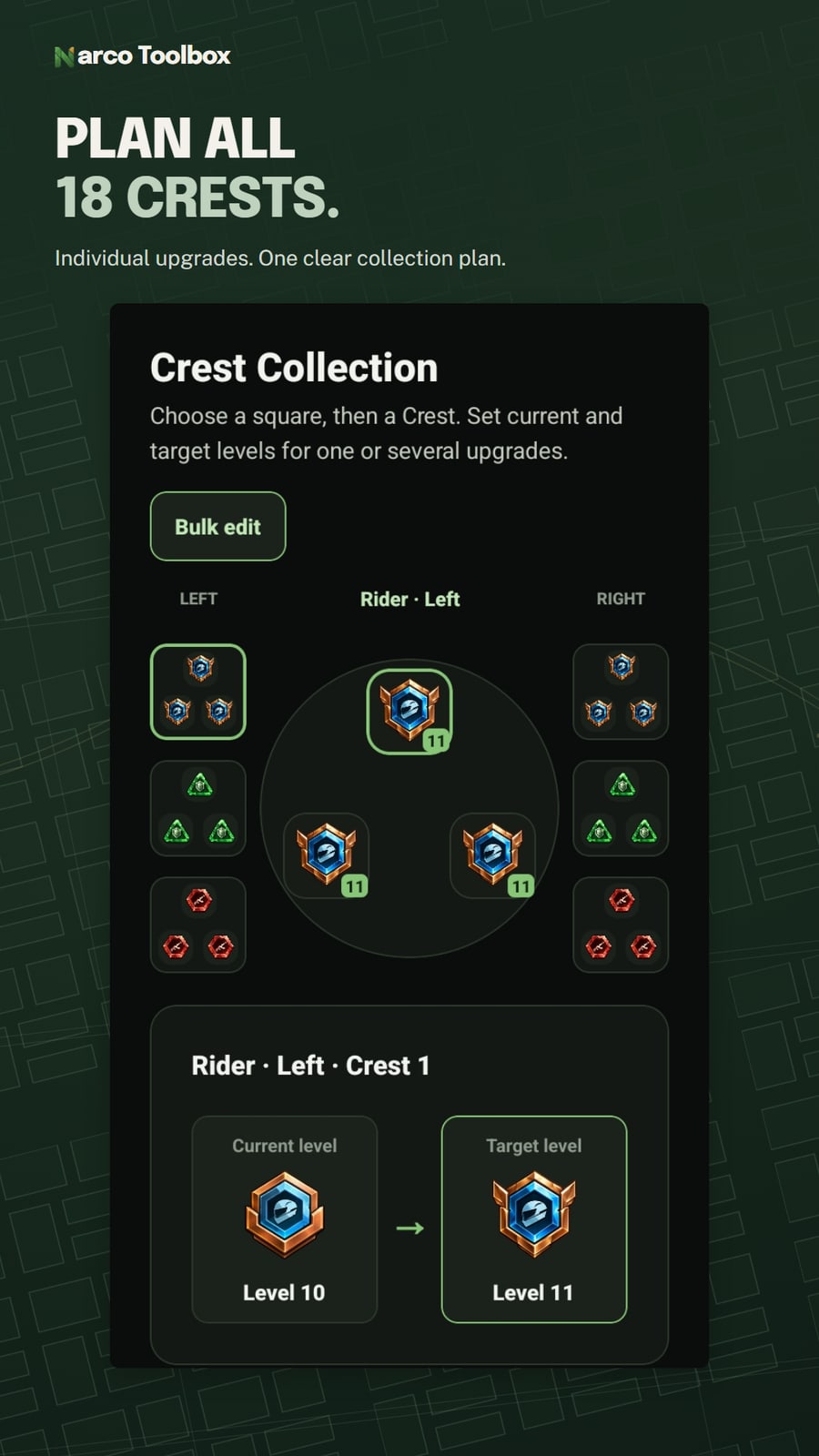 Crest Collection calculator showing all groups and a selected Rider Crest upgrade from level 10 to level 11.