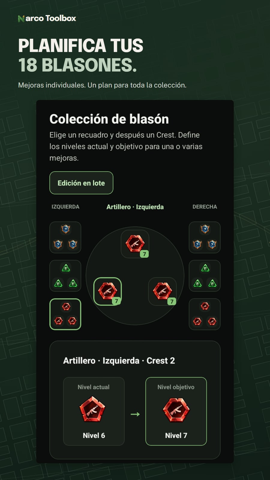 Colección de blasones con seis grupos y un Crest de Artillero del nivel 6 al 7.