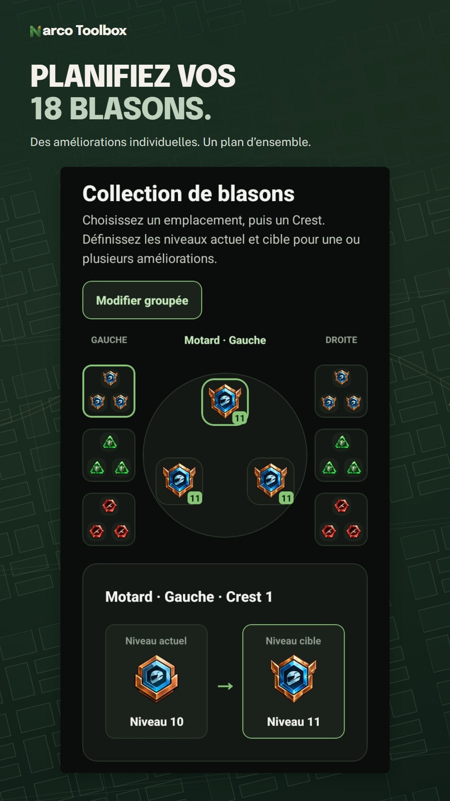Collection de blasons : six groupes et un blason de Motard du niveau 10 au niveau 11.