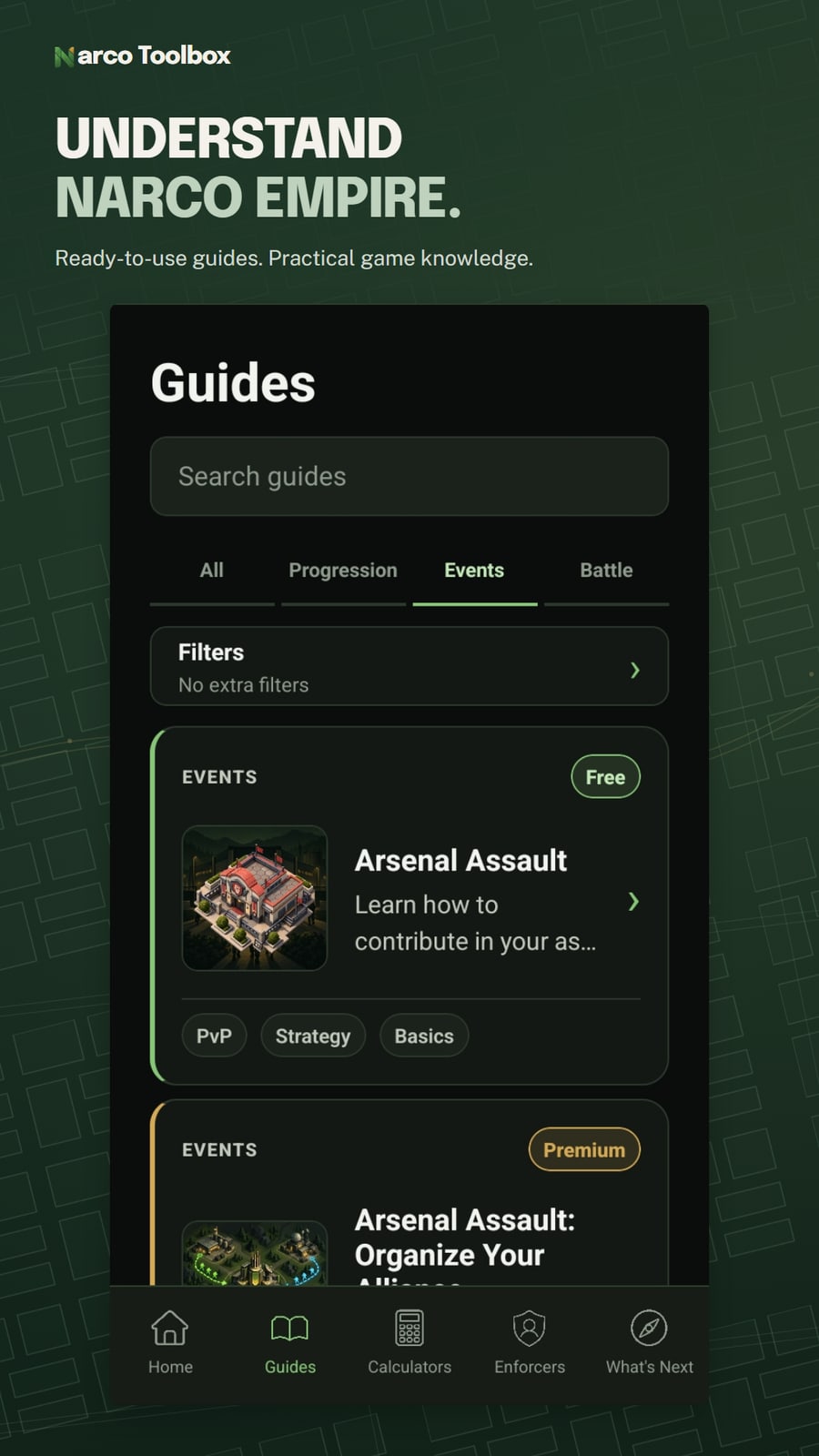 Guides library with search, categories and Free and Premium guides.