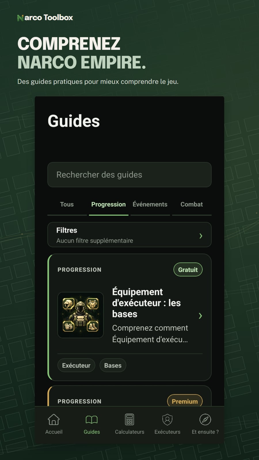 Bibliothèque de guides en français avec recherche, catégories et filtres.