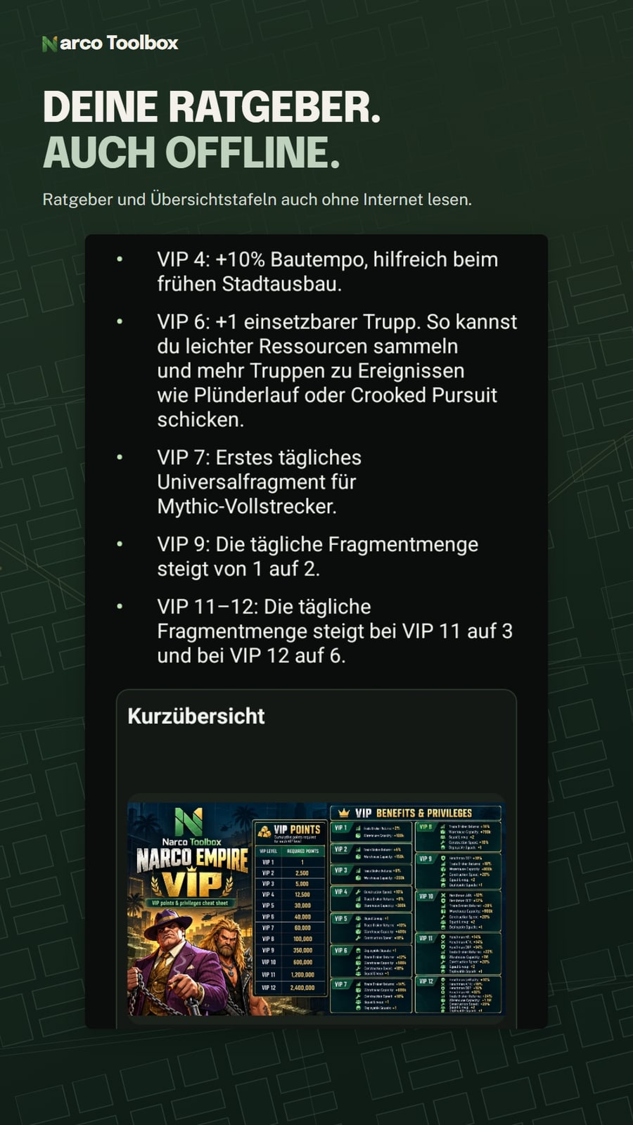 Deutscher VIP-Ratgeber mit Fortschrittsstufen und englischer Original-Übersicht.