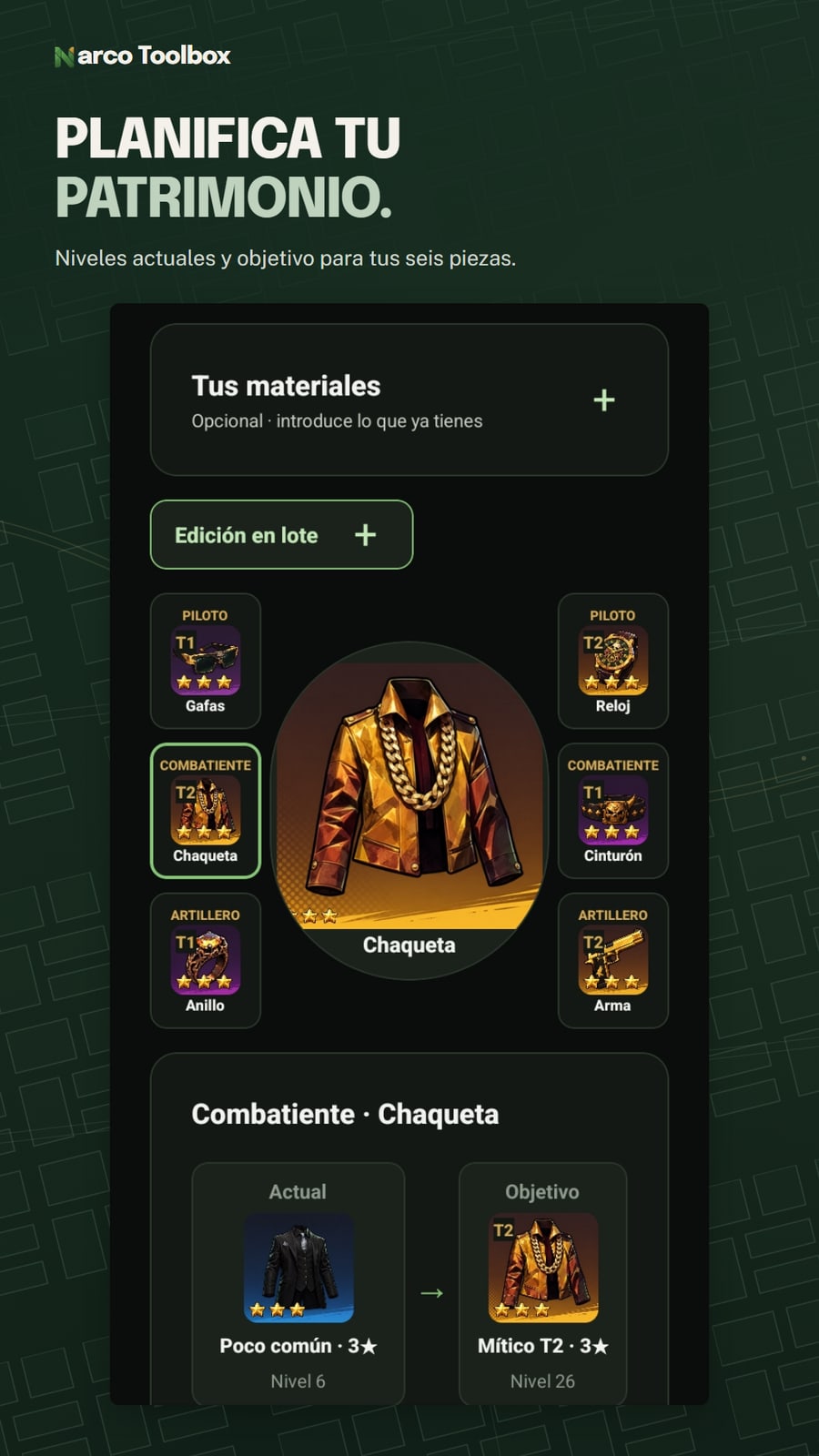Plan de seis piezas de Regalia con una chaqueta del nivel 6 al 26.