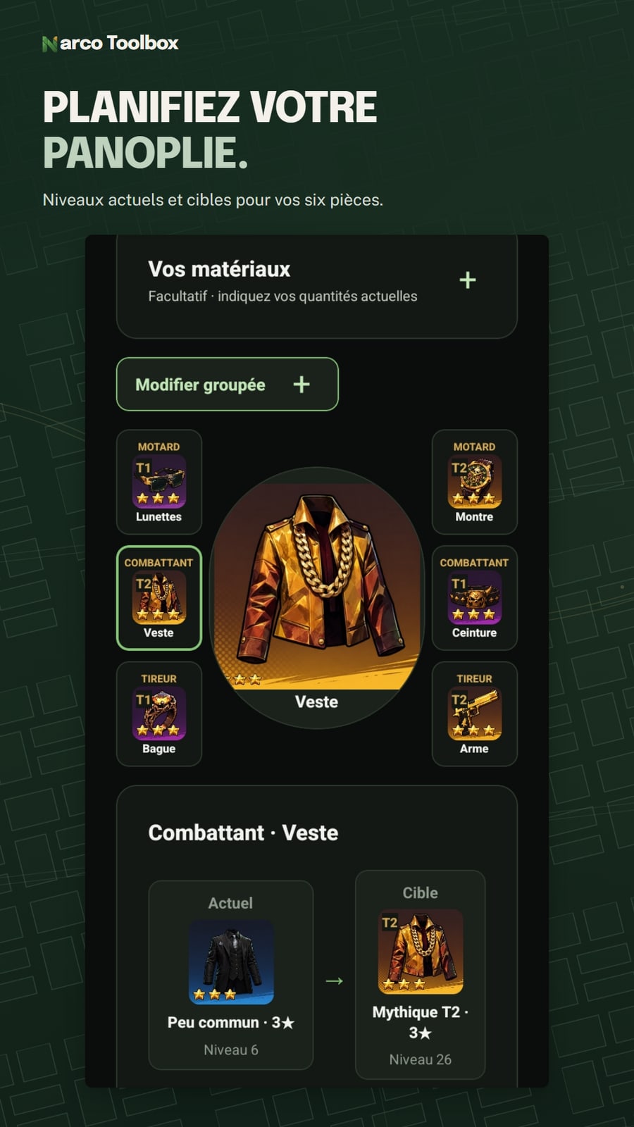 Plan de six pièces de la panoplie du patron, avec une veste du niveau 6 au niveau 26.